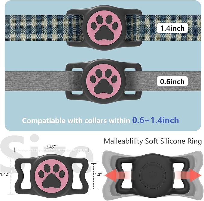 2-Pack Airtag Holder for Dog Collar, Waterproof Silicone Protective Case Cover, Anti-Lost Tracker Universal Fit for All Width Pet Collars(Black&Pink)