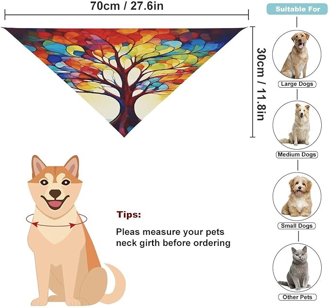 Dog Bandana Spring Pet Scarf Adjustable Triangle Colorful Tree of Life Printing Dog Bib Washable Polyester Puppy Bandana for Small Medium Large Dogs Cat Birthday Party Supplies