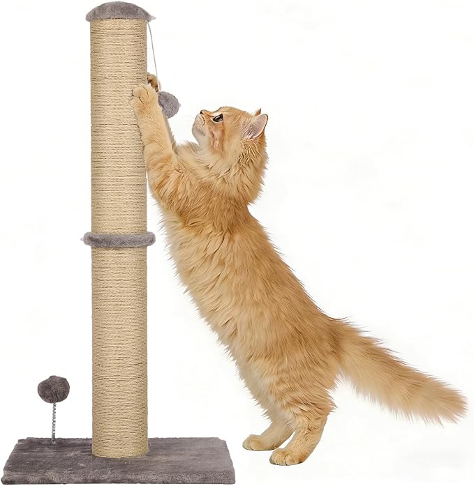 33" Tall Cat Scratching Post, 3-in-1 Durable Sisal Vertical Cat Scratcher Post with Hanging Ball, Soft Fabric Stable Base Cat Scratch Pole for Indoor Cats at All Ages, Light Gray