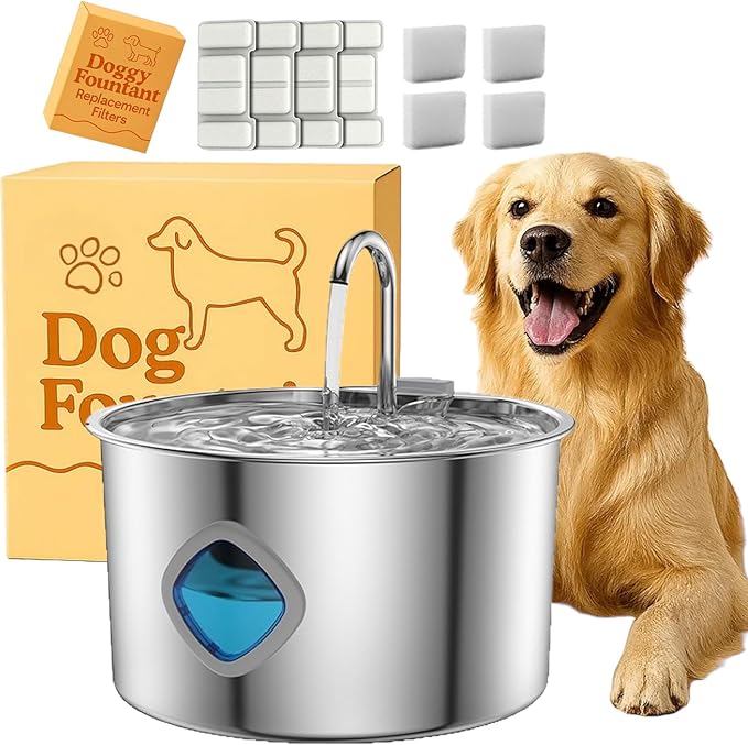 Dog Water Fountain, 4L/7L The Doggy Fountain, Stainless Steel Dog Water Fountain, Whisper Quiet & Easy to Clean & Multi-Filtration (Type C + 2 Filters, 3.2L/112oz)