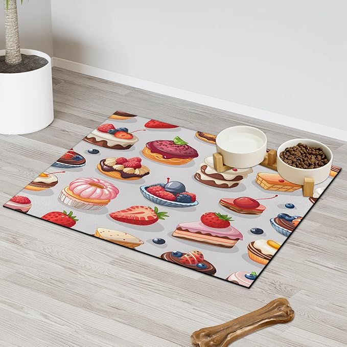 Dessert Theme Dog Food Mat for Floors Absorbent Dog Bowl Mat for Food and Water Dispenser Quick Dry Cat Food Placemat Pet Supplies 24" x 32", Colorful Cake