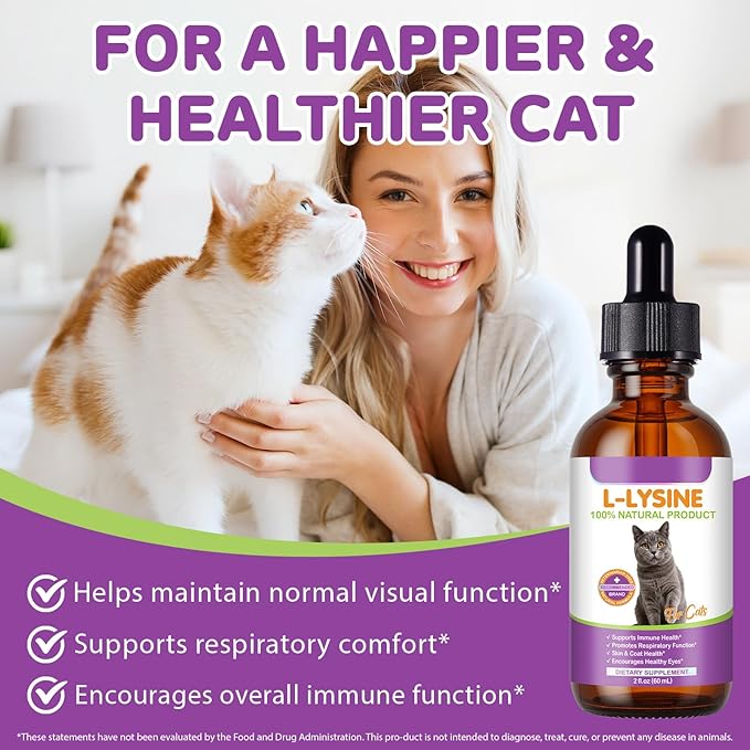 L-Lysine Drops for Cats 60ml - Natural Support for Eye & Respiratory Health | Chicken Flavor | Grain-Free & Gluten-Free | with Herbal Extracts & Vitamins | for Tear Stains & Sneezing