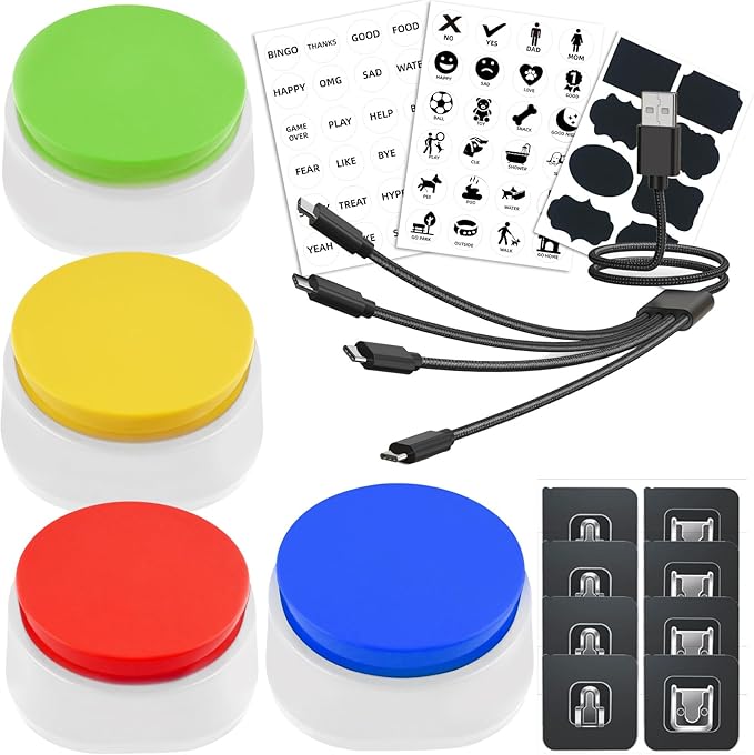 Rechargeable Dog Buttons for Communication Voice Recording Buttons for Pets Cats Dog Training Talking Buttons Sound Button Recordable Answer Buzzer (4 Packs, Red+Yellow+Blue+Green)
