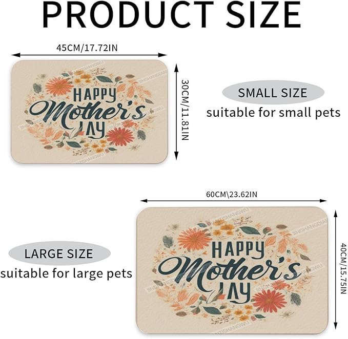 Pet Feeding Mats with Residue Collection Happy Mother's Day Floral Gift for Mom Ba Waterproof Dog Cat Bowl Mat 24x16In with Prevent Water Food Spills