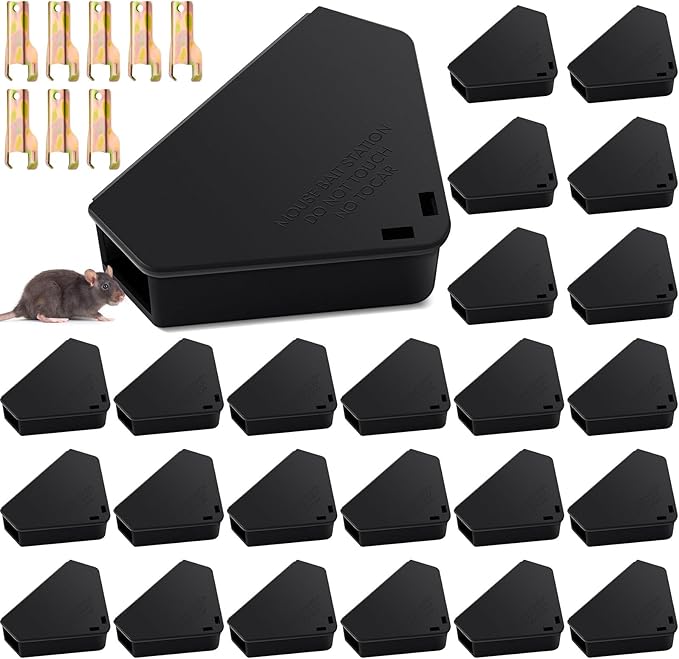 Qualirey Mice Station with Key Triangle Mouse Station Reusable Rodent Trap Box, Keeps Children and Pets Safe Indoor & Outdoor Suitable for Small Mice(Black,24 Pcs)