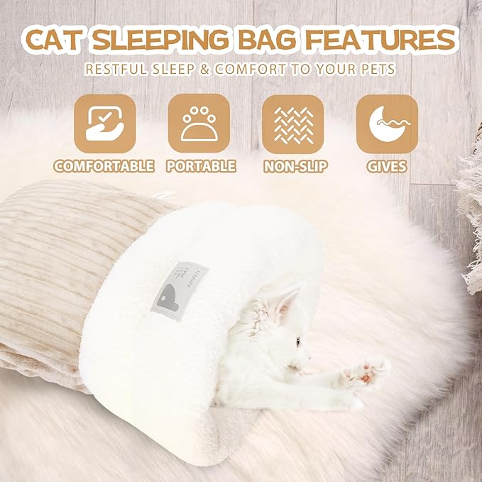 Cat Sleeping Bag Bed, Winter Soft Plush Sack Self Warming Cave Bed for Indoor Cats, 360°Wrap Comfortable Pet Snuggle Sack, Soft Plush Large - Size L (Brown)
