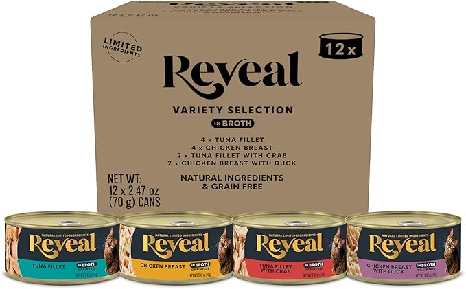 Reveal Natural Wet Canned Cat Food, 4-Flavor Variety Pack, Limited Ingredient, Grain Free, High Protein with No Artificial Additives, Fish and Chicken Variety in Broth (12 x 2.47 oz Cans)