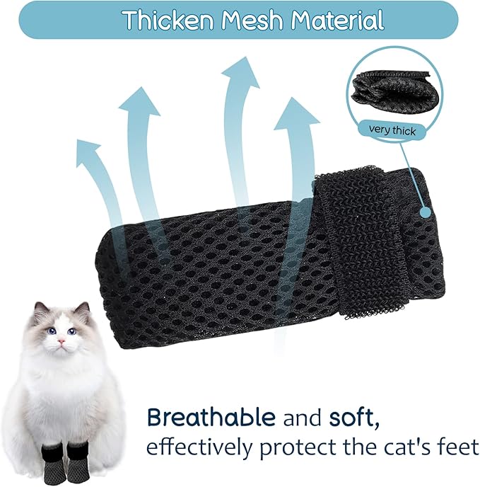 Paw Covers Anti-Scratch Foot Covers for Cats - Adjustable Mesh Claw Protectors, Non-Slip Breathable - Suitable for Bathing and Nail Cutting (4 Pieces, L, Black)