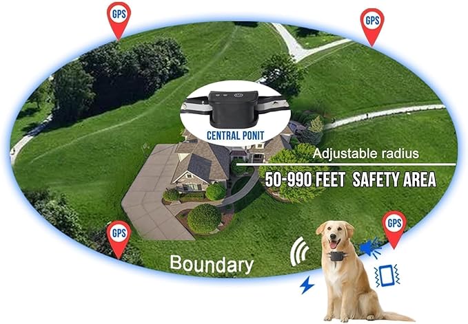 DOTSTAR Dog Wireless Fence Pet Training Collar GPS Electric System, Wireless Dog Fence Adjustable Range 50-990 Feet, Wireless Charging Dog Fence, Fully Sealed Waterproof Collar Receiver