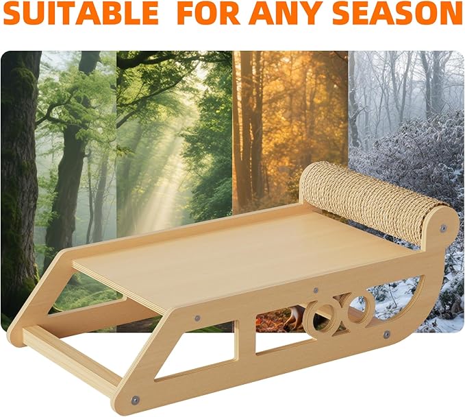 Cat Scratching Post with Cozy Bed, Sled Shaped Wooden Cat Bed for Indoor Cats,Small Dogs and Rabbits, Side Cat Scratching Post with Perch, Durable Cat Activity Furniture for Kittens & Large Cats