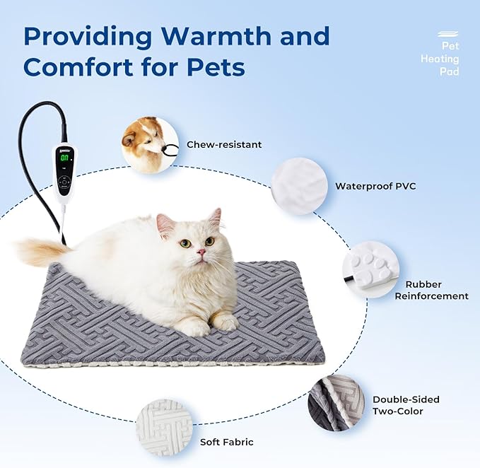 Cat Heating Pad - 11 Adjustable Temperature and 25 Timer Options, Heated Cat Bed Indoor with Chew-Resistant Cord for Small Dogs, 18x18 Inch