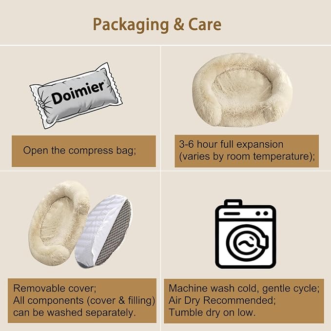 Calming Dog & Cat Beds for Small Medium Dogs Cats, Anti-Anxiety Pet Bed Orthopedic Donut Cushion, Soft Fluffy Faux Fur Warming Cozy Washable, Fits up to 15 lbs Pets (Round, Beige 20")
