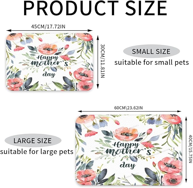Pet Feeding Mats with Residue Collection Happy Mother's Day Floral Gift for Mom Lj Waterproof Dog Cat Bowl Mat 24x16In with Prevent Water Food Spills