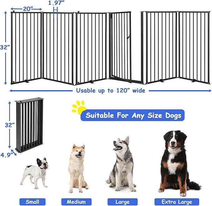 6 Panels Metal Freestanding Dog Gates with Door,120''W Detachable Foldable Dog Fence Indoor Outdoor Puppy Gate, 32''H Free Standing Tall Pet Gate for Doorways,House,Stairs,Porch,Deck,Yard