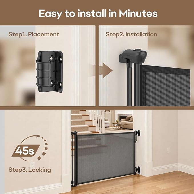 Retractable Safety Baby Gate or Mesh Dog Gate,Durable Portable Mesh Retractable Gate,Easy to Use for Stairs, Doorways, Hallways, Indoor, Outdoor, 33.5" Tall, Up to 45" Wide, Black