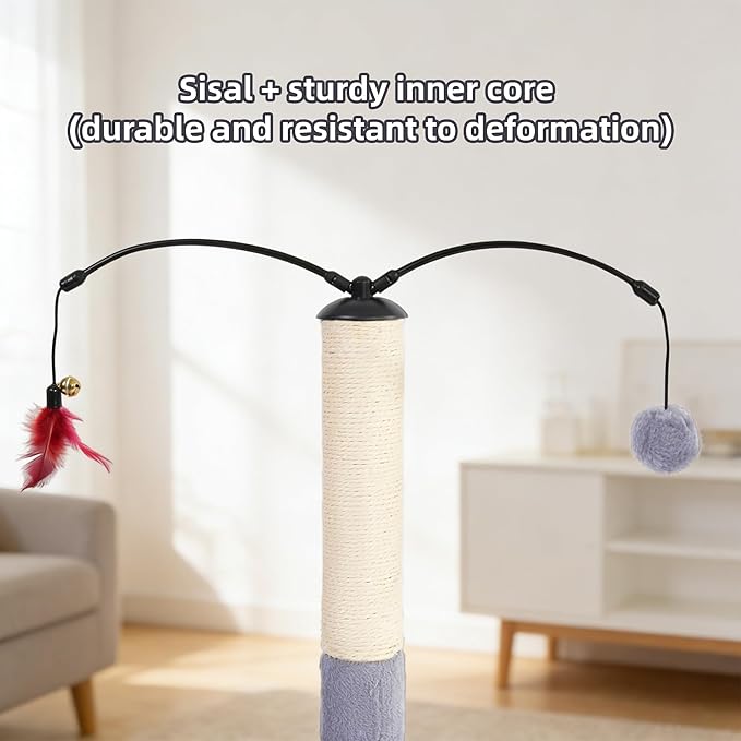 YUNIQUE Cat Scratching Post with Sisal Rope, Small Cat Tree with Dangling Balls & Feather for Kittens (Grey, 20.9)
