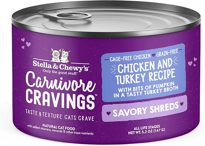 Stella & Chewy's Carnivore Cravings Savory Shreds - Wet Cat Food - High-Moisture Formula with Premium Real Meat - Perfect for Picky Eaters - Chicken & Turkey, 5.2 oz, 24 Count
