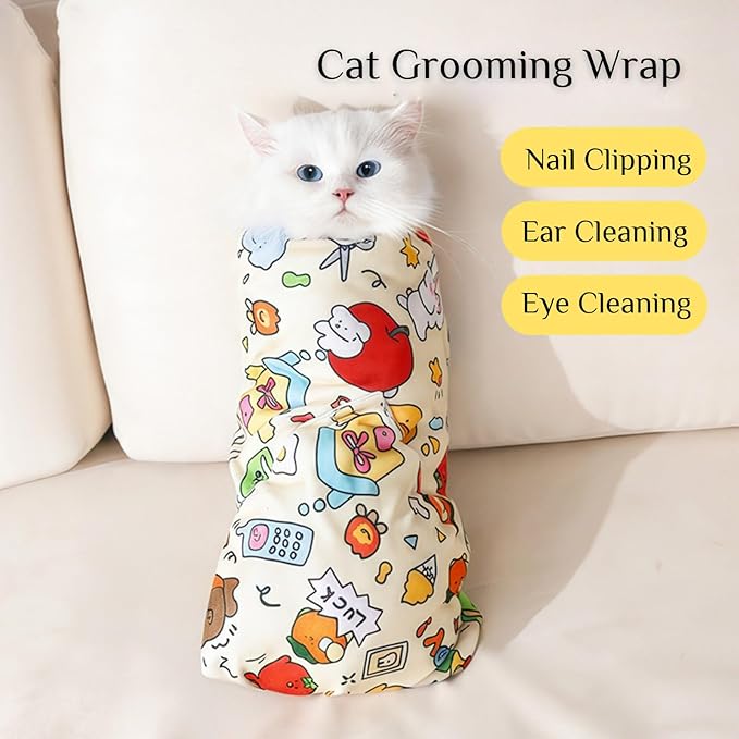 Cat Grooming Wrap, Pet Restraint Bag Cat Wrap for Stress-Free Nail Clipping Anti-Scratch Anti-Escape Multifunctional Care Pet Tool(White,S)