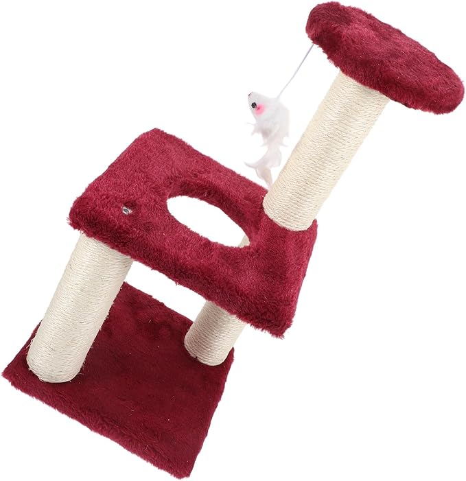 FRCOLOR Multi-Layer Sisal Cat Scratching Post with Mouse Vertical Cat Tree Tower 3-Tier Climbing Stand for Indoor and Kittens Burgundy Household Pet Furniture