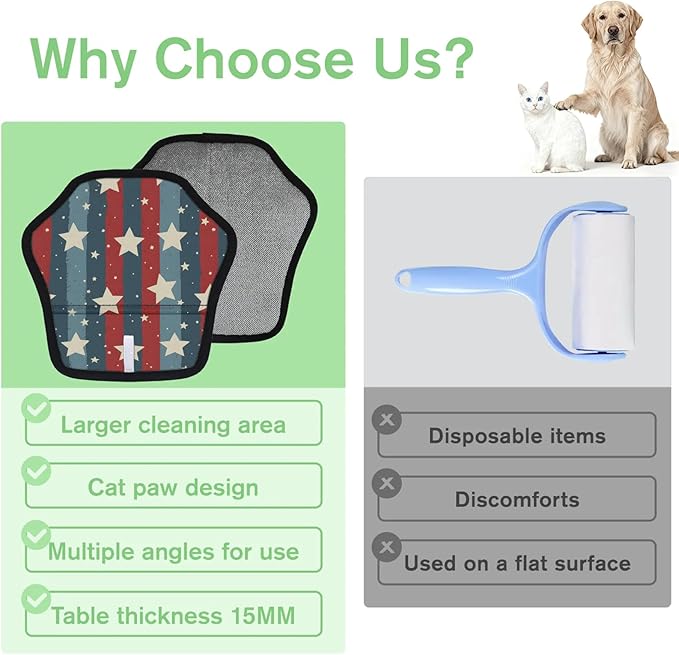 Stars Stripes Theme Electrostatic Pet Hair Removal Glove for Cats & Dogs - Reusable Grooming Mitt for Couch, Carpet, Car Seat & Laundry - Large 9x9 Inch