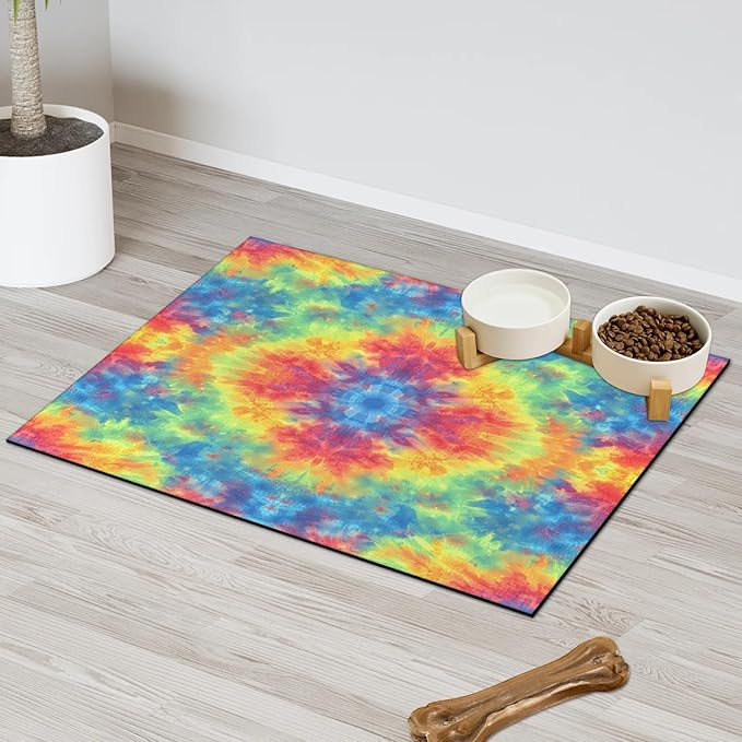 Tie Dye Dog Food Mat for Floors Absorbent, Quick Dry Water Dispenser Mat for Food, Water, Pet Supplies 24" x 32", Rainbow