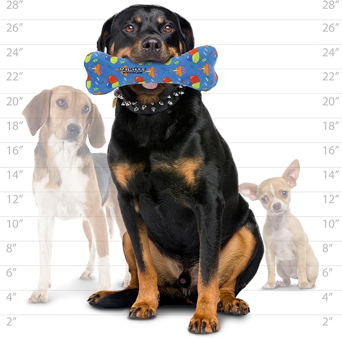 MIGHTY- NO Stuff Bone– Squeaky Plastic Core. 2-in-1 Toy. Made Durable, Strong & Tough. Interactive Play Dog Toy (Tug, Toss & Fetch). It Floats. (Celebration, Large 2 Pack)