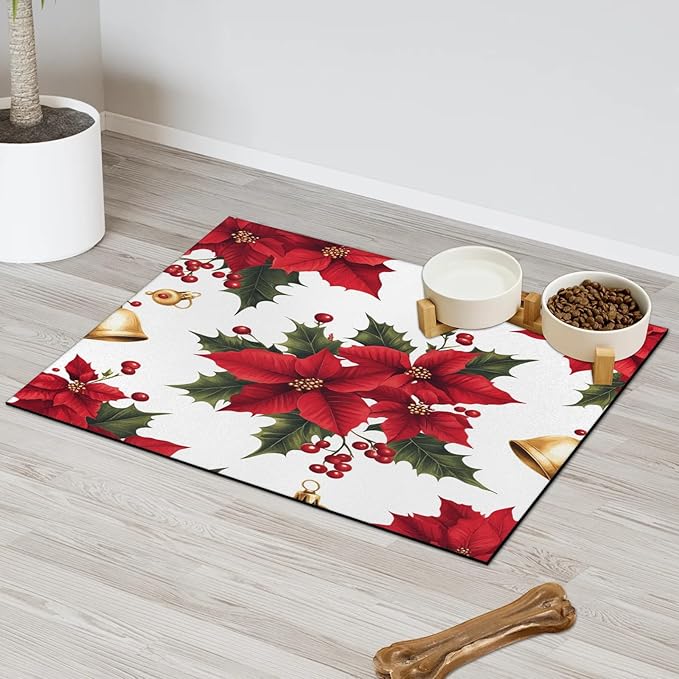 Red Poinsettia Dog Food Mat for Floors Absorbent, Quick Dry Water Dispenser Mat for Food, Water, Pet Supplies 16" x 24", Xmas Holly