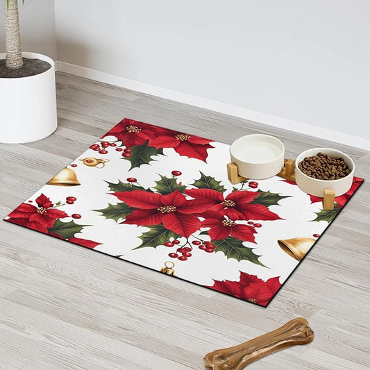 Red Poinsettia Dog Food Mat for Floors Absorbent, Quick Dry Water Dispenser Mat for Food, Water, Pet Supplies 12" x 20", Xmas Holly