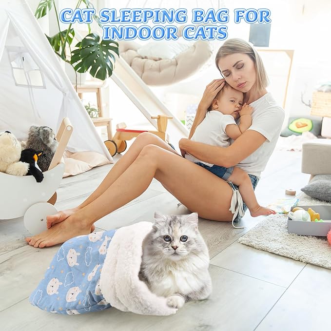 Cat Sleeping Bag Bed, Winter Soft Plush Sack Self Warming Cave Bed for Indoor Cats, 360°Wrap Comfortable Pet Snuggle Sack, Soft Plush Large - Size L (Blue)