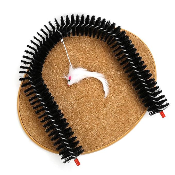 Cat Brush Arch Massager, Self Groomer with Scratch Pad Hanging Plush Mice Comb Scratcher Non-slip Kitten Back Massager for Pets