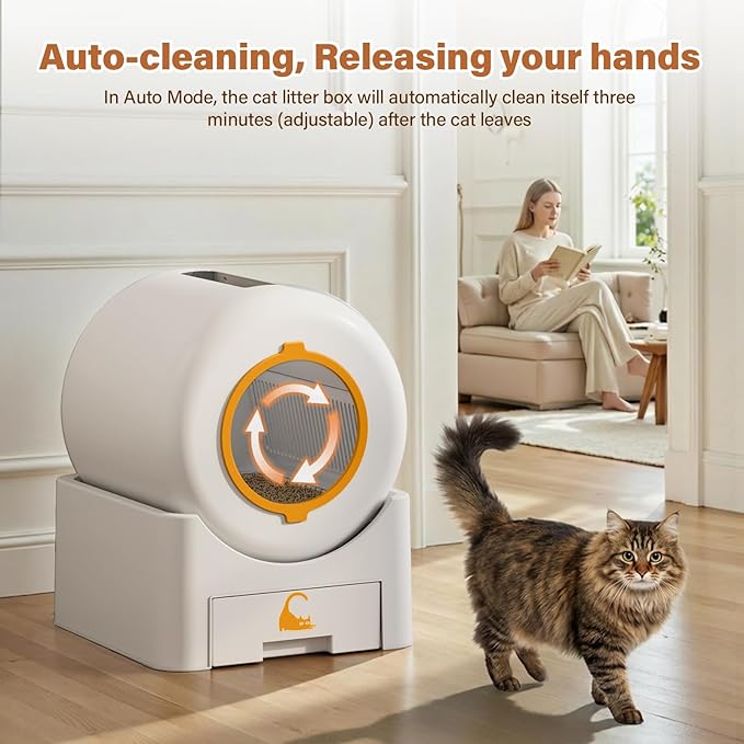 Automatic Self Cleaning Cat Litter Box, 75 L Large Capacity Smart Litter Box with Safety Sensors 1 Roll Trash Bags Included Whisper Quiet Cat Litter Box with App Remote Control for Multi Cats, White