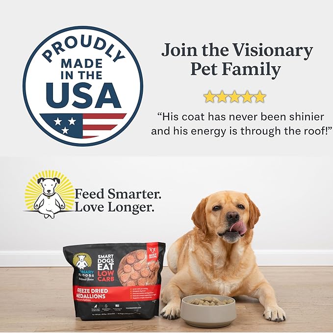 Visionary Pet Foods Low Carb Keto Dry Dog Food – Freeze Dried Raw Real Beef, <1g Net Carbs Per Cup, Grain Free High Protein, Diabetic Friendly, Natural Dog Food Made in USA, 25 oz