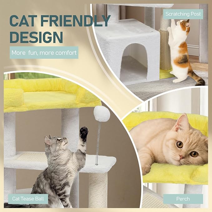 27.5in Plush Cat Tree, Multi-Level Cat Tower with Scratching Post and Pad, Cozy Condo & Padded Perch, Dangling Ball for Kittens and Indoor Cats, Compact Cat Furniture for Small Spaces (Yellow & White)