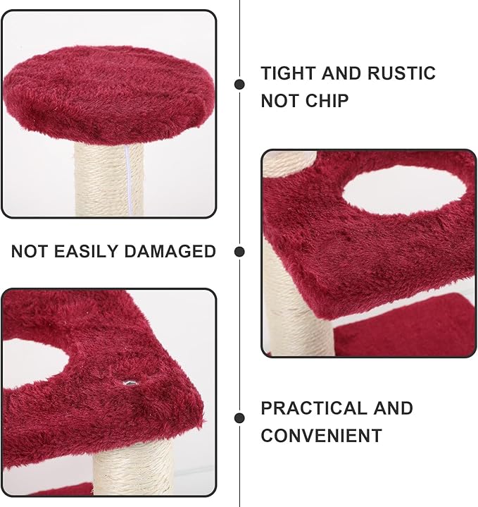 FRCOLOR Multi-Layer Sisal Cat Scratching Post with Mouse Vertical Cat Tree Tower 3-Tier Climbing Stand for Indoor and Kittens Burgundy Household Pet Furniture
