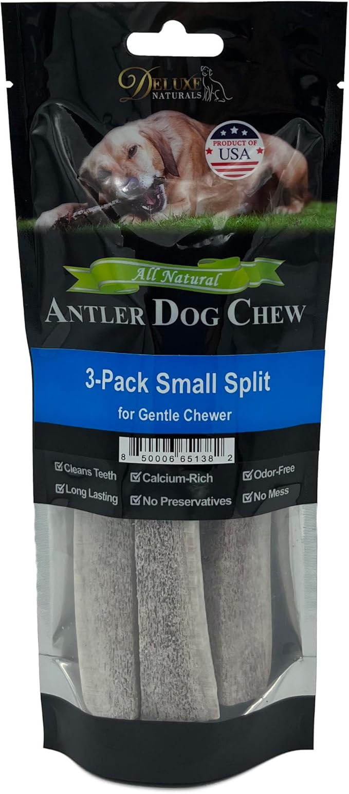3-Pack Small Split Elk Antler Dog Chews (5 to 6.5+ in) – All Natural, Premium Grade A, Odor-Free, USA-Sourced – Long-Lasting Dental Treats for Toy and Small Dogs Under 15 lbs