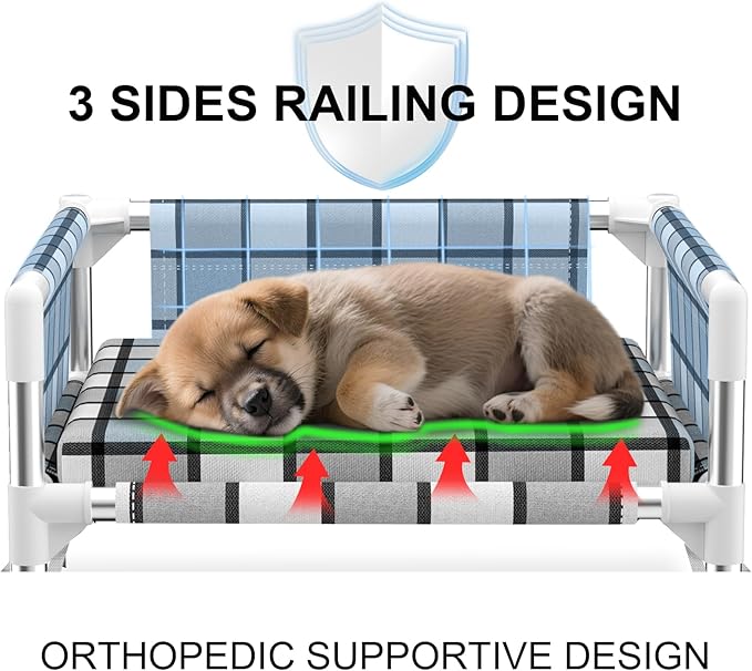Elevated Raised Outdoor Dog Bed - Cooling Washable Dog Cot with Guardrail, Durable & Breathable Cotton Mesh Pet Hammock Beds with Stainless Steel Pipe Frame for Small Pets (Cushion-S)