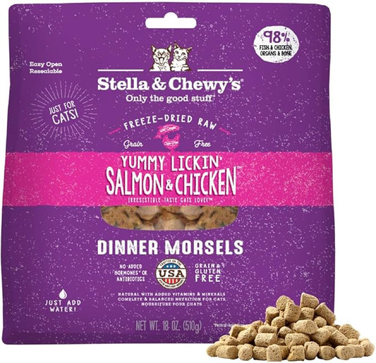 Stella & Chewy's Freeze-Dried Raw Cat Dinner Morsels - Premium Salmon & Chicken Recipe with 98% Wild-Caught & Cage-Free Protein - Natural Grain-Free Cat & Kitten Food - Made in USA - 18 oz