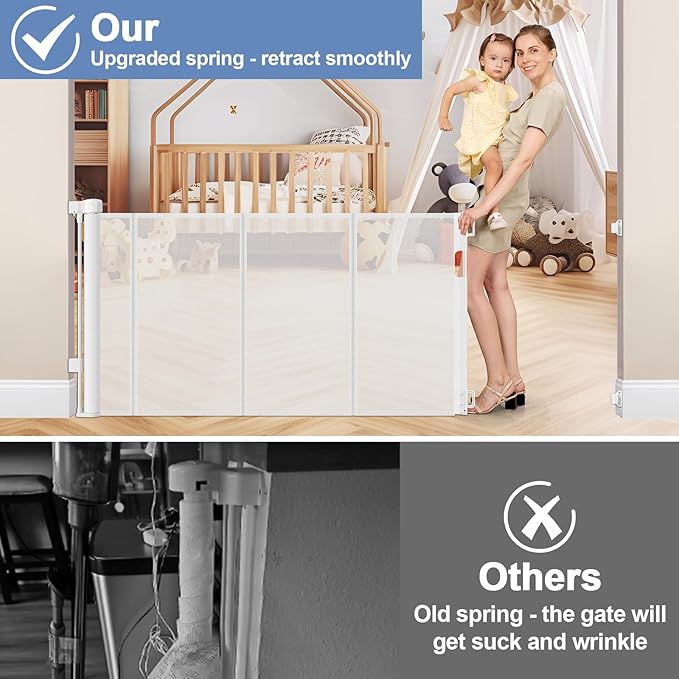 Reinforced Retractable Baby Gates with Support Rod 60" Wide Retractable Baby Gate for Stairs Retractable Dog Gate Outdoor Retractable Gate Outdoor Prevent Babies and Pets from Squeezing Under The Gate