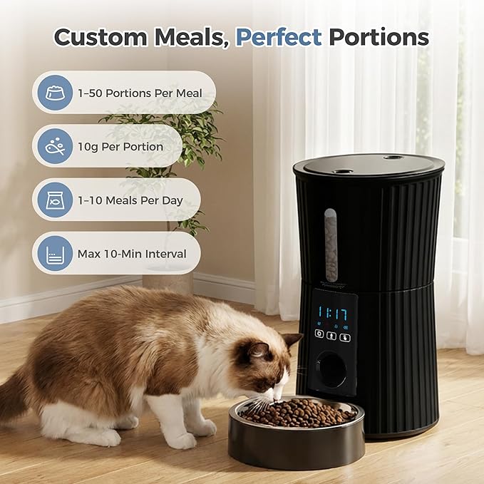 DUMOS Automatic Cat Feeder, 4L Timed Cat Food Dispenser with APP Control, 10s Voice Recorder, Dual Power Supply, 2.4G WiFi Indoor Programmable Pet Feeder with Desiccant for Small Cats and Dogs, Black