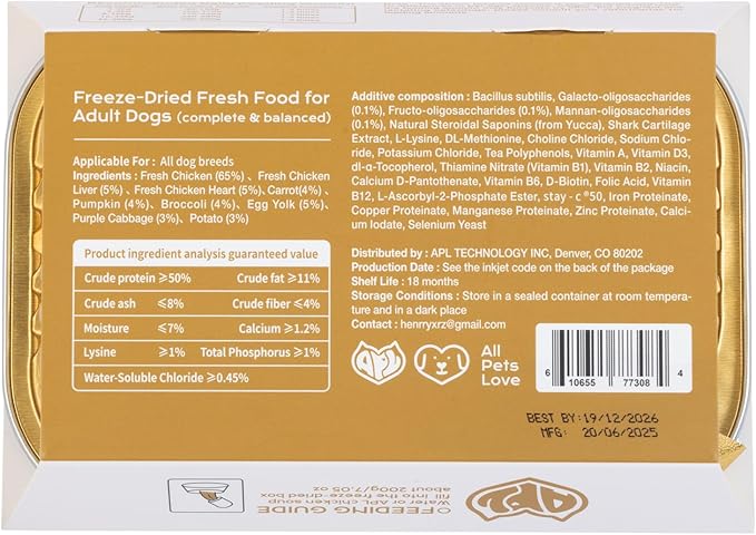 APL Freeze-Dried Dog Food, 0.7oz x 6 Pack | 77% Fresh Meat, 55% Crude Protein | Chicken, Pumpkin & Superfood Recipe| Supports Dental Health, Skin & Coat | Ready-to-Serve