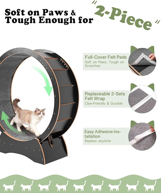 43.3" Cat Exercise Wheel for Large Indoor Cats, Black Cat Running Wheel with 2 Replacement Carpets, Silent Cat Treadmill with Locking Mechanism, Sturdy Cat Fitness Furniture for Cats up to 25 lbs