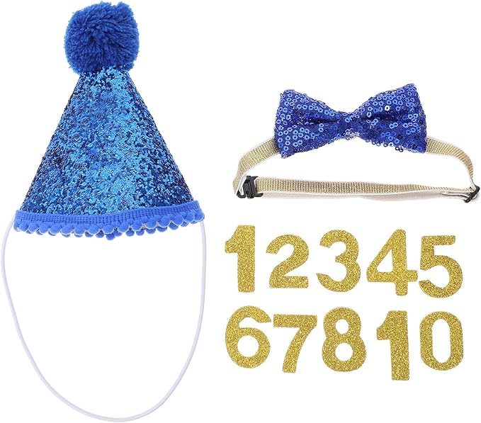 Toyvian Small Pet Party Hat with Blue Trim and Number + Royal Blue Bow Tie Set for Puppy Birthday Celebration, Dog Bowknot Accessory for Pet Party Supplies