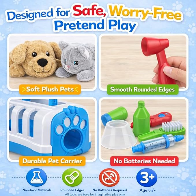 34-Piece Kids Pretend Vet Playset, Veterinarian Role Play Doctor Toy Kit with Plush Dog & Cat, Pet Care Grooming Set with Carrier & Medical Tools