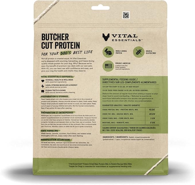 Vital Essentials Freeze Dried Raw Dog Food Topper, Rabbit Mini Nibs Topper for Dogs | High Protein, Low Carb, Grain Free, Dry Dog Food Topper | 18 oz
