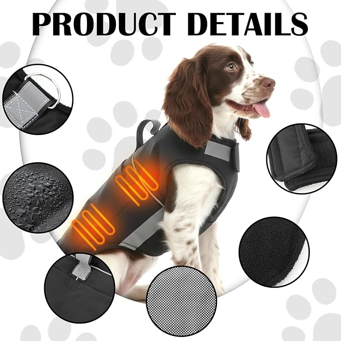 Dog Heated Warm Coat Jacket Pet Winter Black Vest Graphene Heat Lining Coat for Dogs Pet Outdoor Supplies(Not Included Batteries)(Medium)