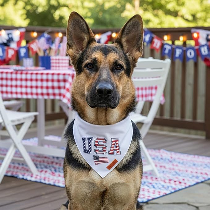 PTDECOR American Flag Dog Bandana, White USA Flag 4th of July Pet Scarf, Premium Durable Fabric, Reversible Triangle Patriotic Bandanas for Large X-Large Dogs Pets (X-Large)