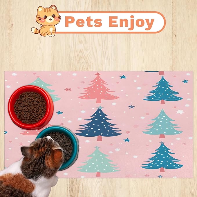 Merry Christmas Dog Food Mat for Floors Absorbent, Quick Dry Water Dispenser Mat for Food, Water, Pet Supplies 24" x 32", Christmas Tree