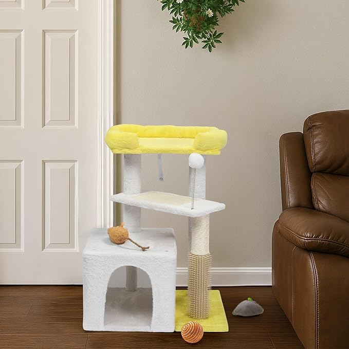 27.5in Plush Cat Tree, Multi-Level Cat Tower with Scratching Post and Pad, Cozy Condo & Padded Perch, Dangling Ball for Kittens and Indoor Cats, Compact Cat Furniture for Small Spaces (Yellow & White)
