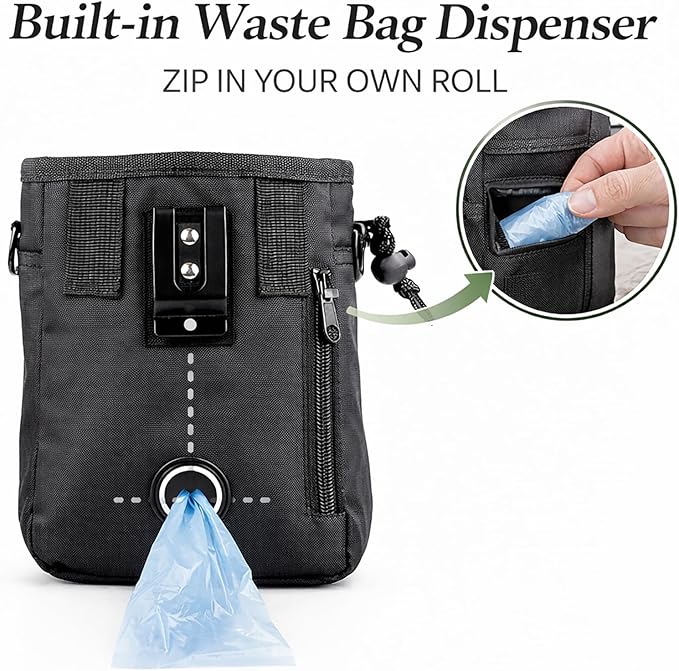 Dog Training Treat Pouch Set, Silicone Treat Pouch for Dogs and Clicker, Hands-Free Waist and Shoulder Dog Treat Bag with Poop Bag Dispenser (Black)