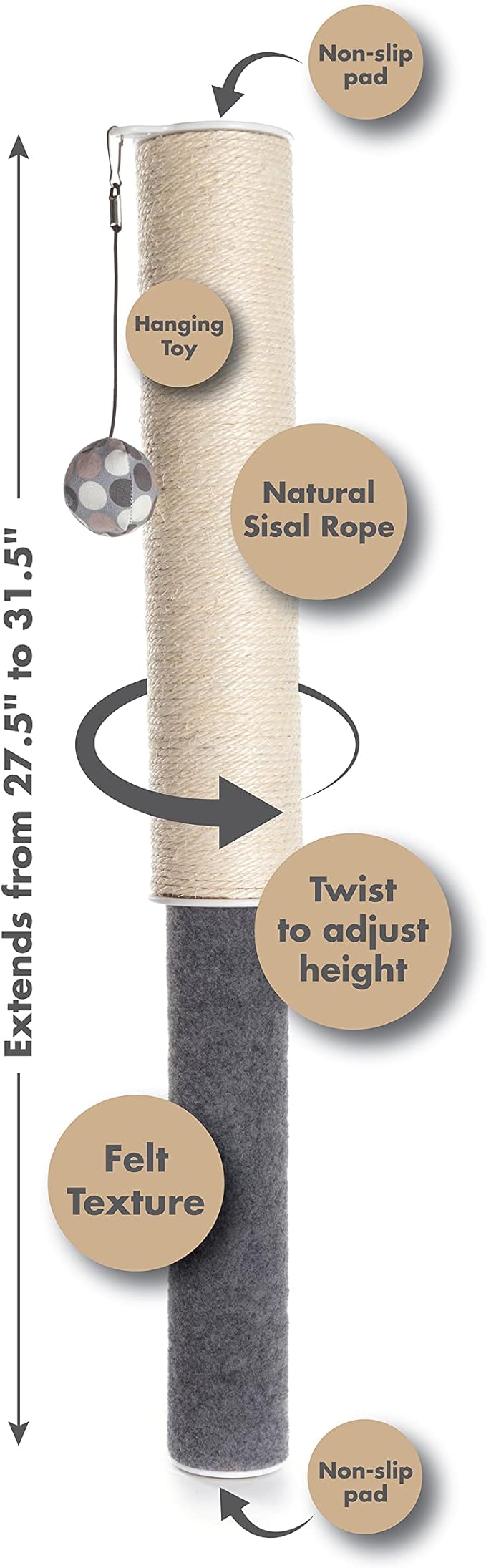 Hauspanther Scratch Pole - Adjustable Under-Table Cat Scratcher, Sisal/Felt, by Primetime Petz